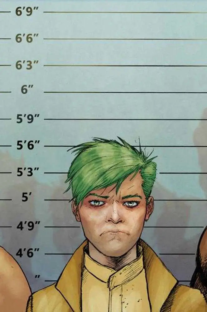 Mugshot-style portrait of a character with green hair in yellow jacket by Richard Pace