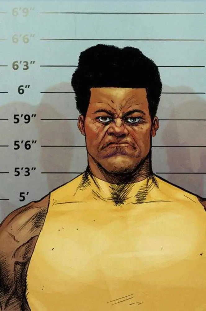 Police mugshot illustration of a person in a yellow shirt for Richard Pace trading cards