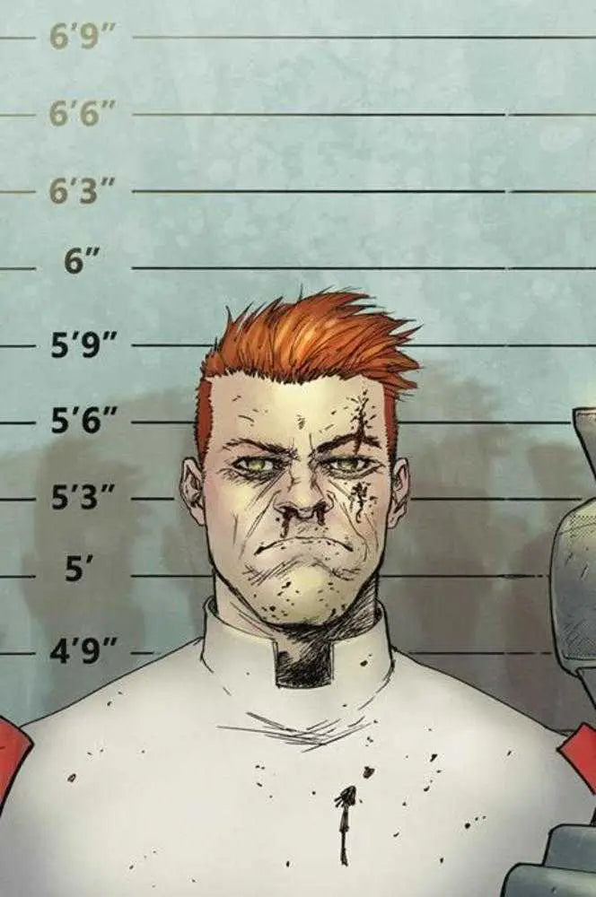 Police mugshot illustration of a scarred person with spiky red hair for trading cards