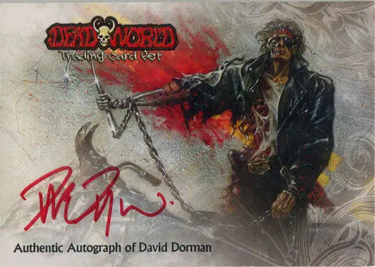 Trading card of dark figure with weapon on blood-red splash, signed by David Dorman