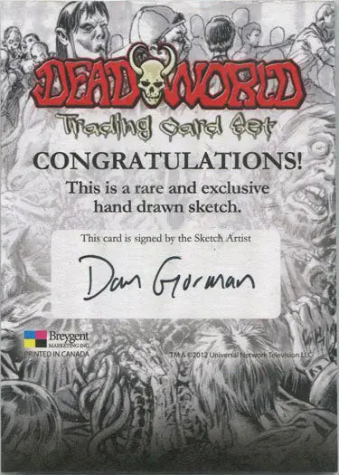 Hand-drawn sketch card for Deadworld by Dan Gorman featuring zombies and skull logo