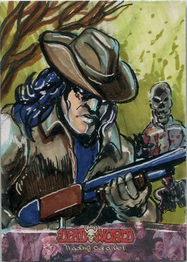 Painted sketch card by Dan Gorman featuring cowboy character with shotgun and zombie