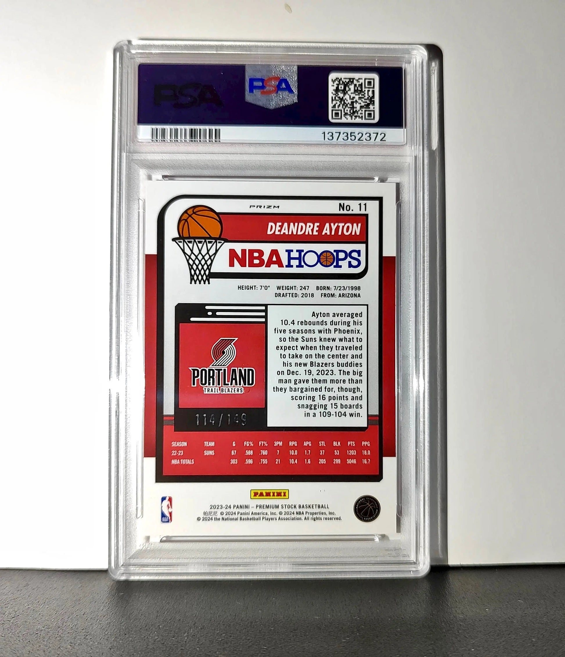 DeAndre Ayton 2023 Panini Hoops Premium #11 114/149 Red Disco Prizm PSA 9 Mint