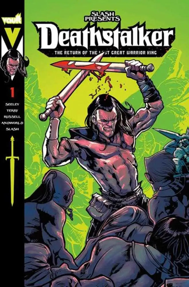Comic book cover of Deathstalker #1 with warrior wielding swords, ideal for trading cards