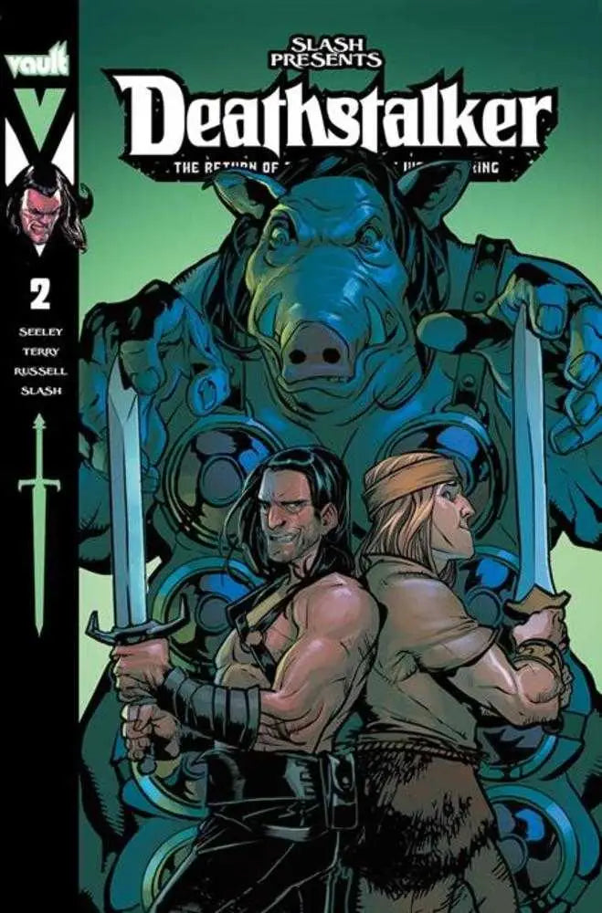 Comic book cover for Deathstalker #2 featuring warriors and a creature, ideal for trading cards