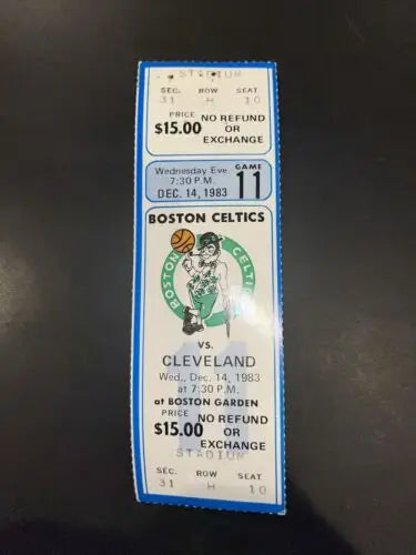 Vintage Boston Celtics ticket stub featuring Larry Bird and Dennis Johnson from 1983