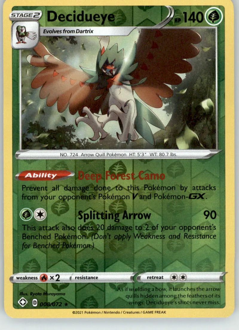 Decidueye - Shining Fates - 008/072 - Reverse Holo Holo LP Pokemon - Pokémon Card Single
