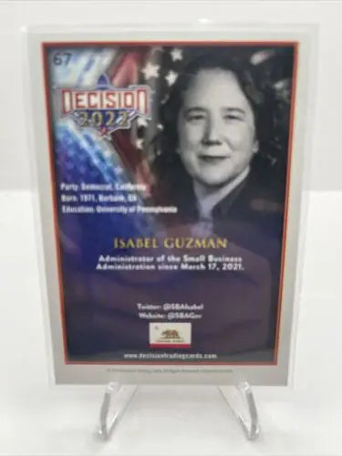 Isabel Guzman trading card from Decision 2022, featuring political trading theme