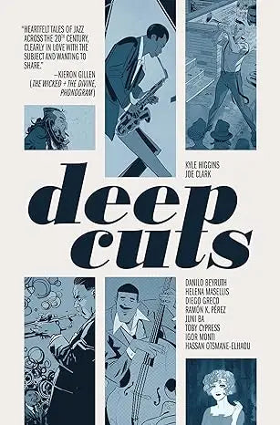 Book cover of Deep Cuts with blue-tinted music collage for trading cards