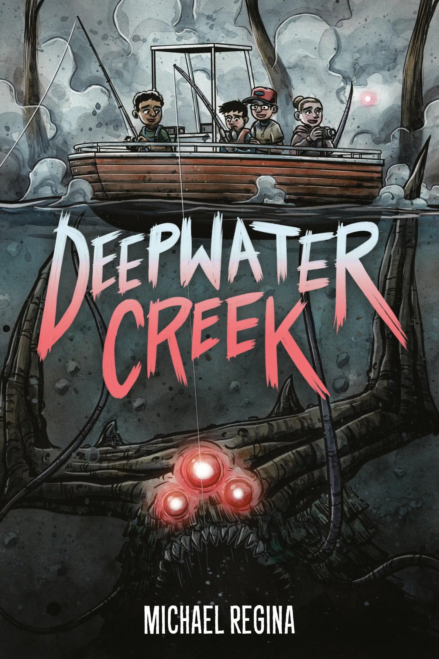 Horror novel cover for Deepwater Creek depicting fishermen’s boat above a monstrous deep-sea creature