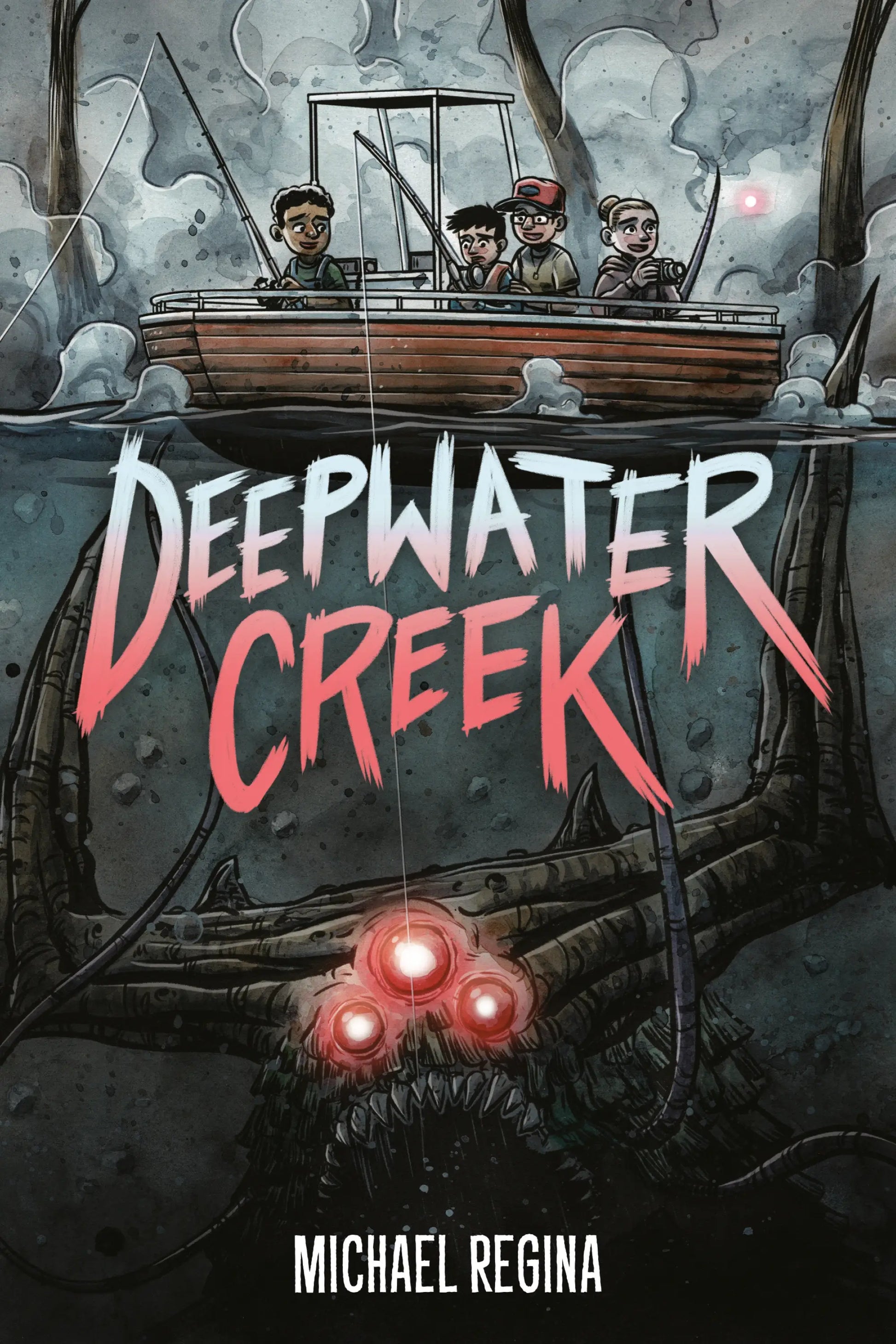Horror novel cover for Deepwater Creek depicting fishermen’s boat above a monstrous deep-sea creature