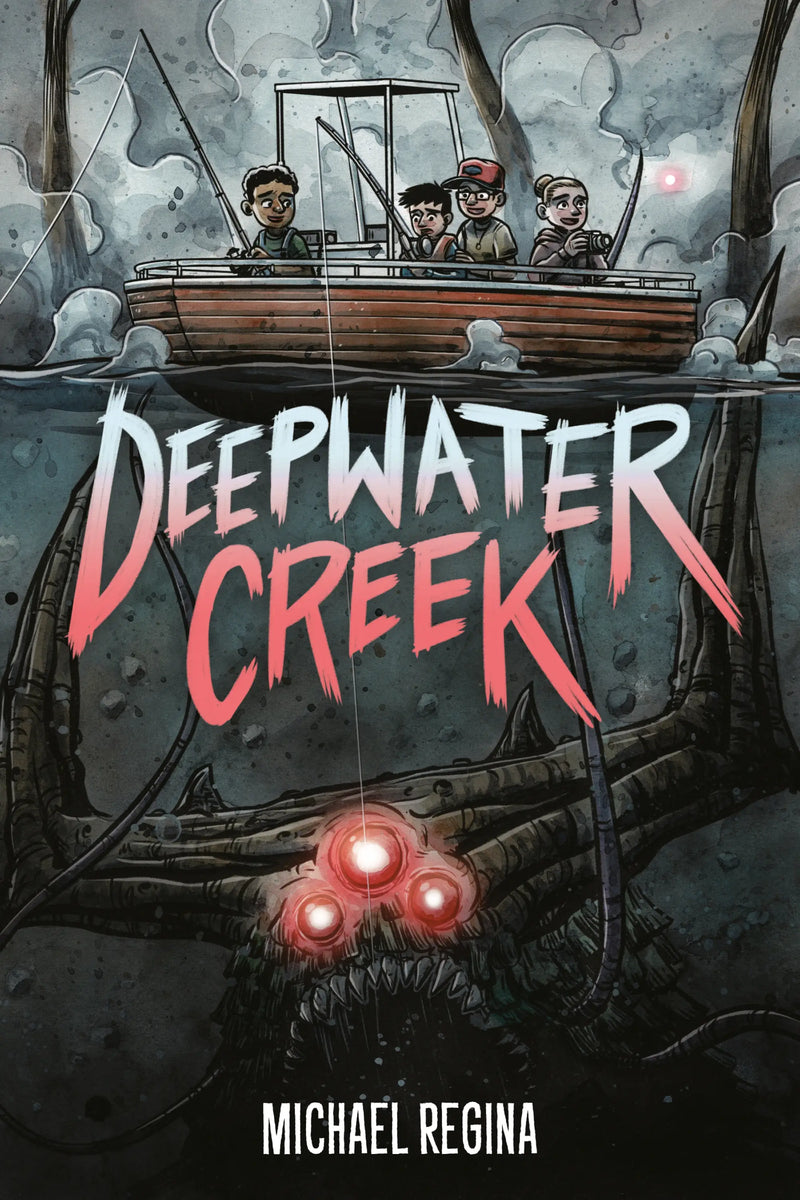 Horror novel cover for Deepwater Creek depicting fishermen’s boat above a monstrous deep-sea creature
