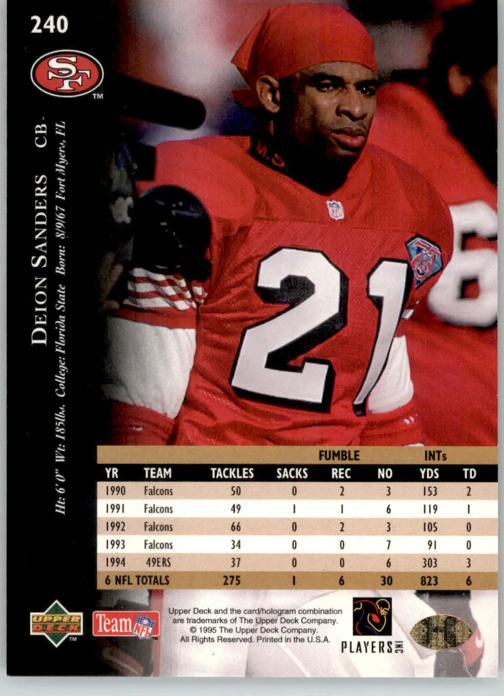 Deion Sanders - 1995 Upper Deck - #240 - Electric Football - Football Card Single