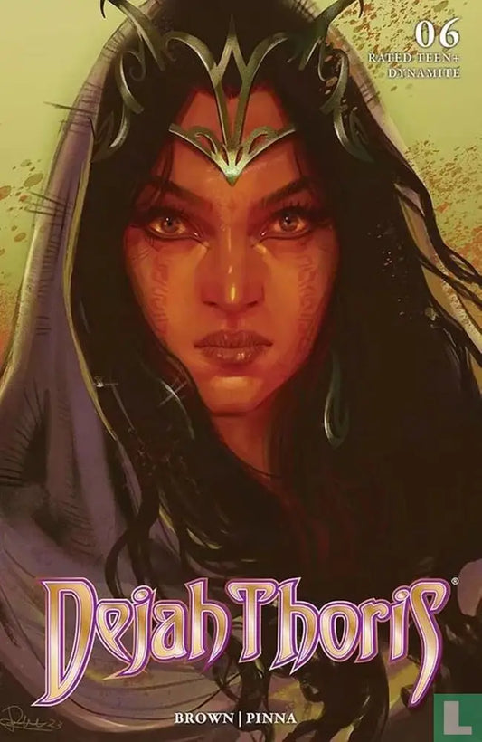 Comic book cover of Dejah Thoris with hooded figure, red face paint, and glowing eyes