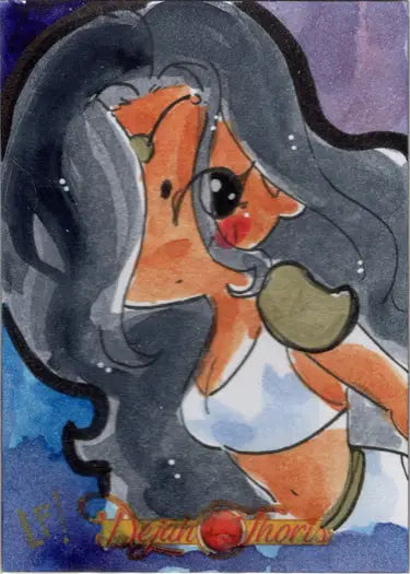 Cartoon drawing of female character in bikini top from Lucy Fidelis Sketch Card