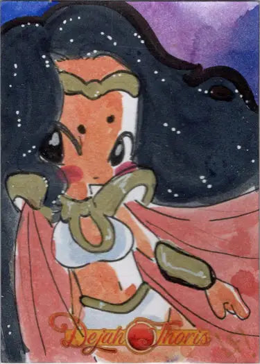 Cartoon-style female superhero by Lucy Fidelis on Dejah Thoris sketch card design