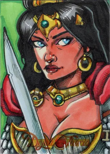 Fierce warrior woman with sword in comic style on Dejah Thoris sketch card by Michael Mastermaker