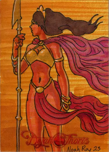 Stylized illustration of warrior woman with spear on Noah Ray Sketch Card for trading cards
