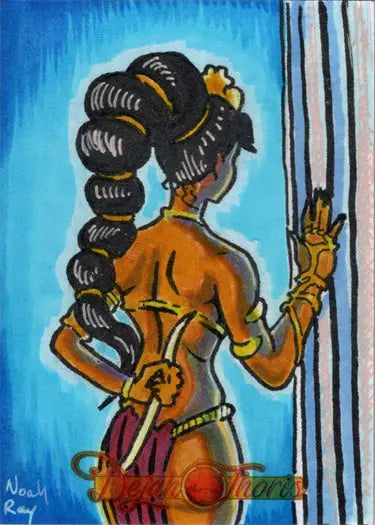 Stylized painting of a woman with elaborate hair and jewelry on Noah Ray sketch card