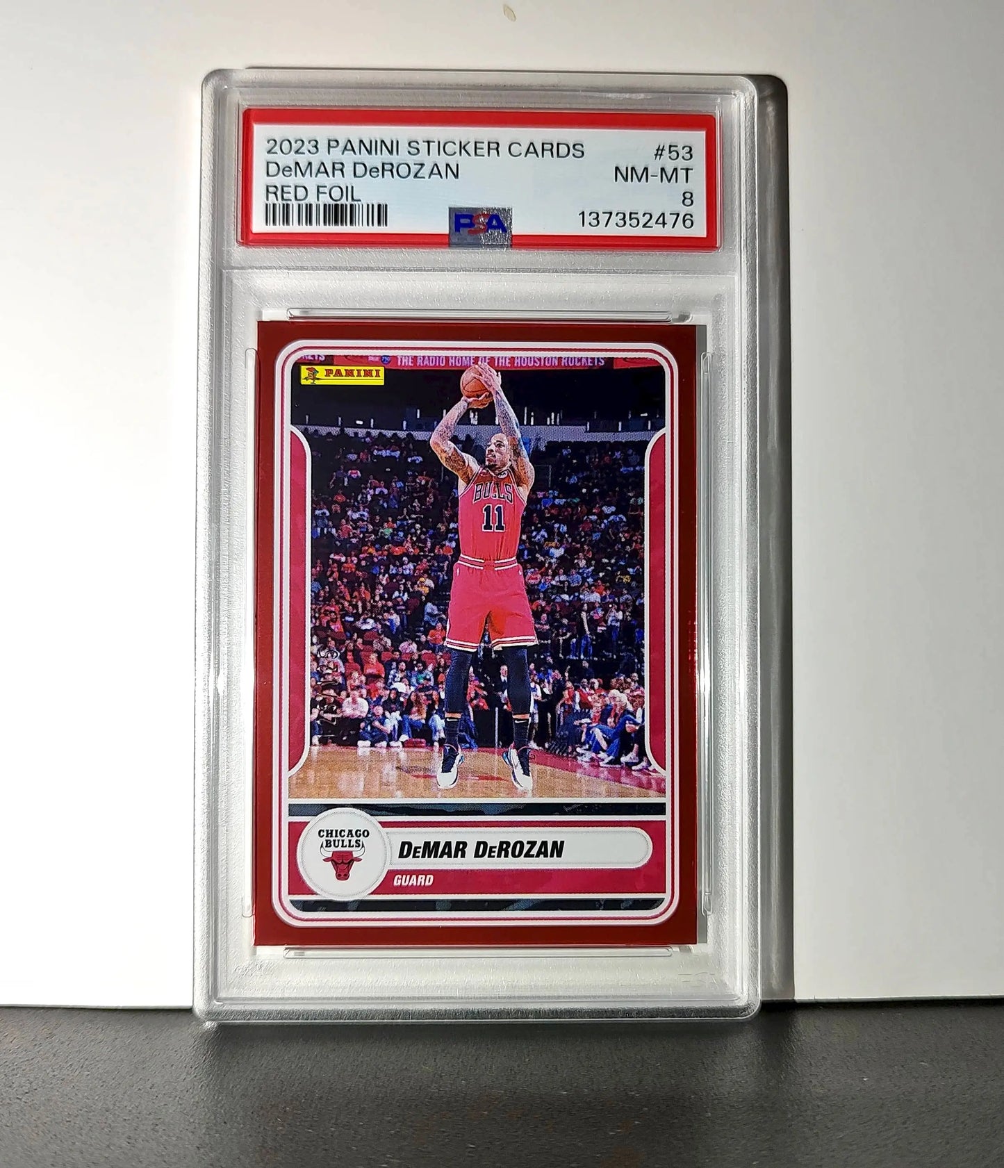 DeMar DeRozan 2023-24 Panini Sticker Cards #53 125/125 Red Foil Variant PSA 8