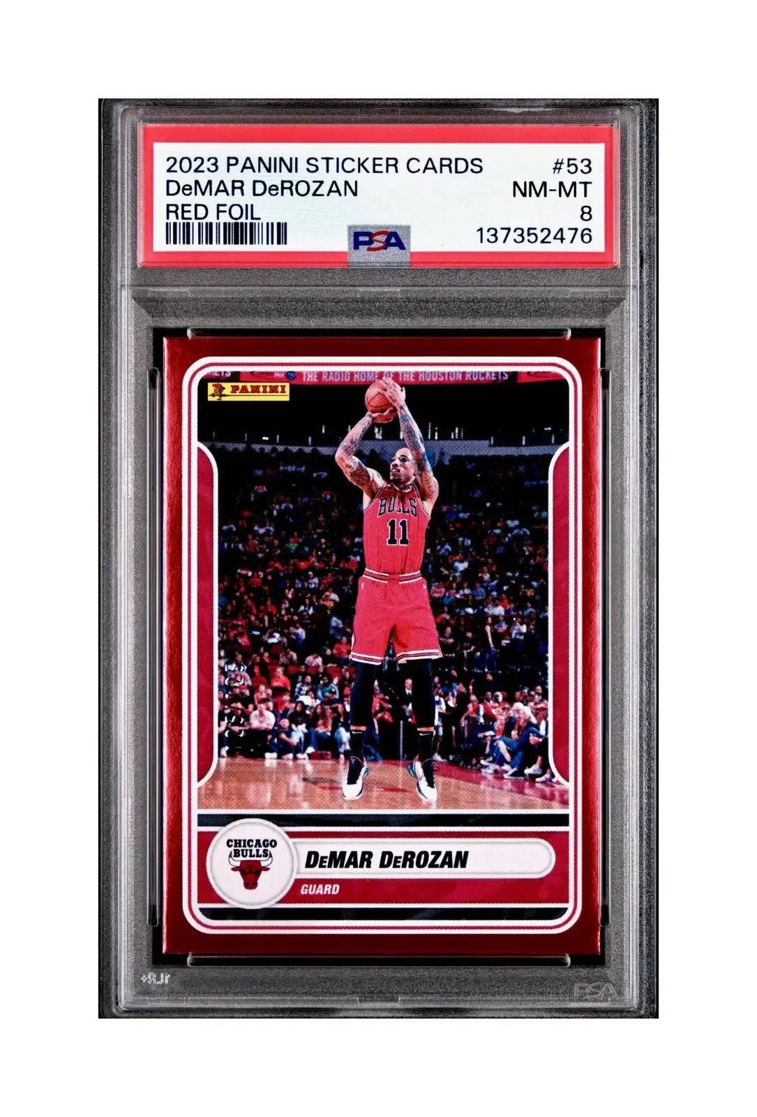 DeMar DeRozan 2023-24 Panini Sticker Cards #53 125/125 Red Foil Variant PSA 8