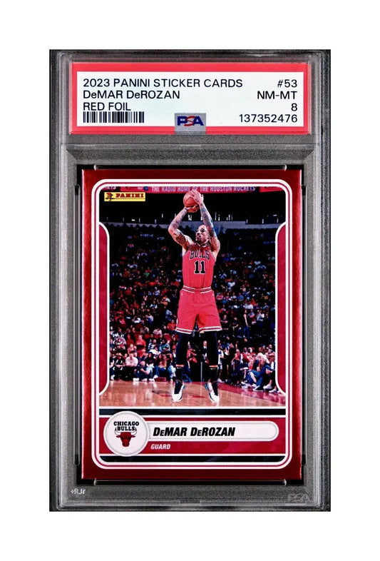 DeMar DeRozan 2023-24 Panini Sticker Cards #53 125/125 Red Foil Variant PSA 8 - Basketball Card Single