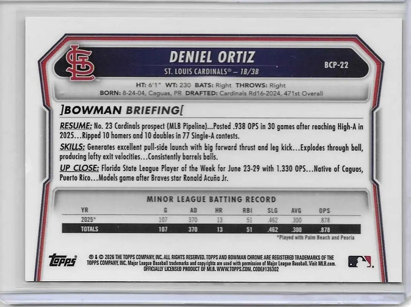 DENIEL ORTIZ 2026 BOWMAN CHROME 1ST REPTILIAN REFRACTOR #BCP-22 (1260) - Baseball Card Single