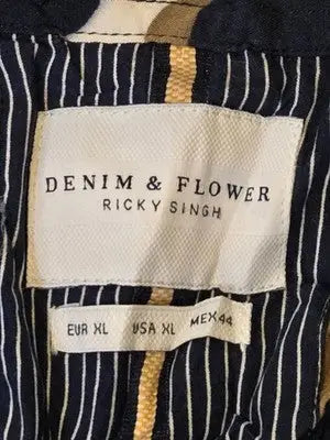 Denim & Flower Shirt Womens XL Navy Tan White Polka Dot Short Sleeve Button - Apparel