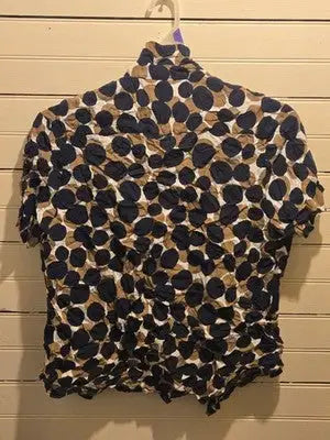 Denim & Flower Shirt Womens XL Navy Tan White Polka Dot Short Sleeve Button - Apparel