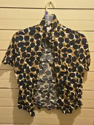 Denim & Flower Shirt Womens XL Navy Tan White Polka Dot Short Sleeve Button - Apparel
