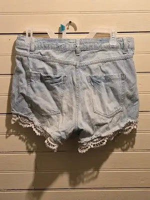Denim Shorts Womens W31 Light Wash High Rise Distressed Crochet Lace Trim Boho - Apparel