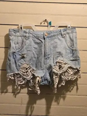 Denim Shorts Womens W31 Light Wash High Rise Distressed Crochet Lace Trim Boho - Apparel
