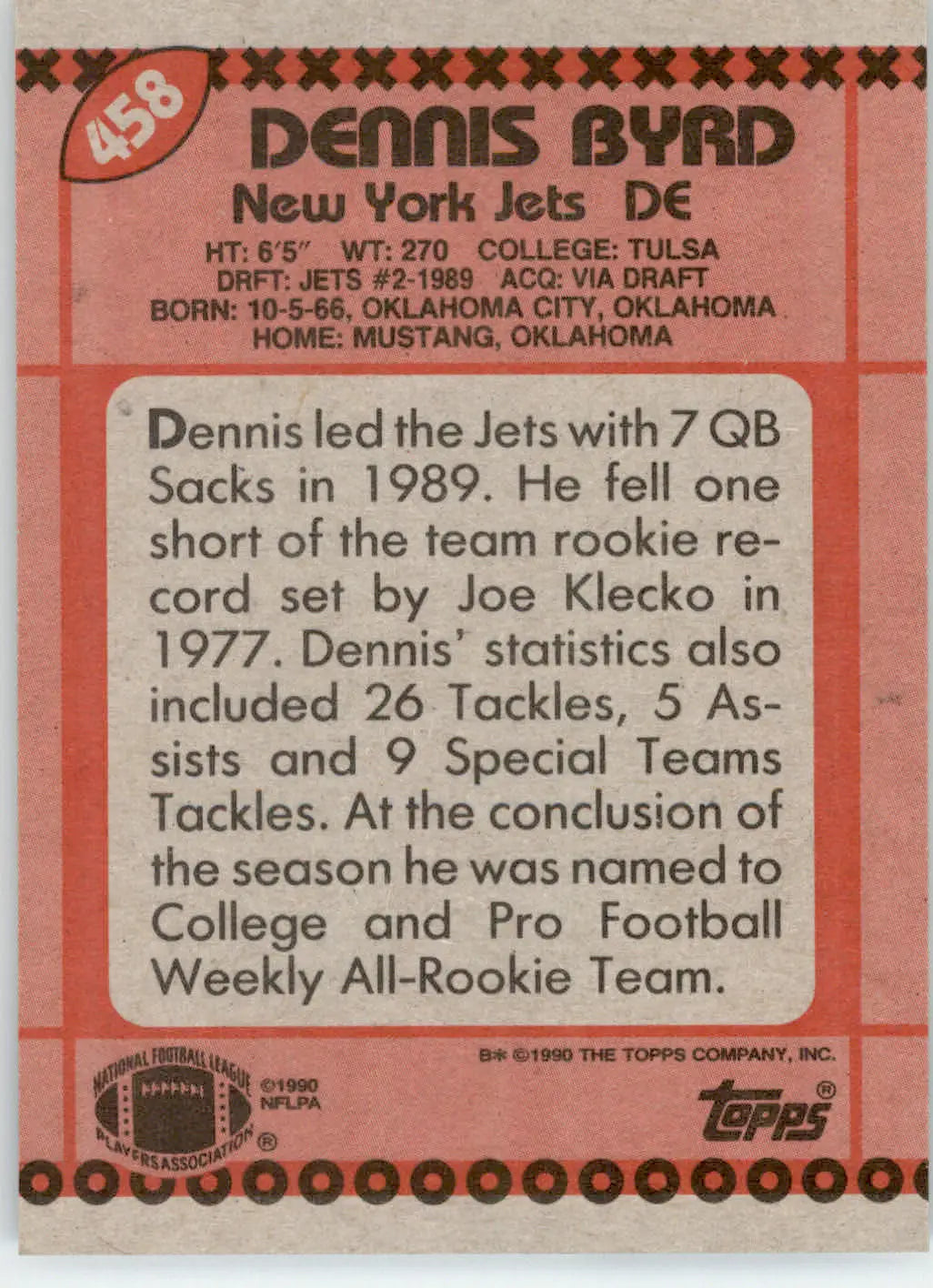 Dennis Byrd - 1990 Topps - #458 - RC Football
