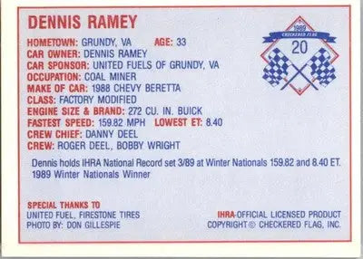 Dennis Ramey - 1989 Checkered Flag IHRA - #20 - Racing - Racing Card Single