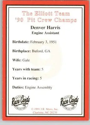 Denver Harris - 1991 Maxx The Bill Elliott Team - #NNO - Racing - Racing Card Single