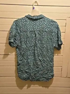 Departwest Blouse Womens XL Teal Black Short Sleeve Button Front Top Lightweight - Apparel