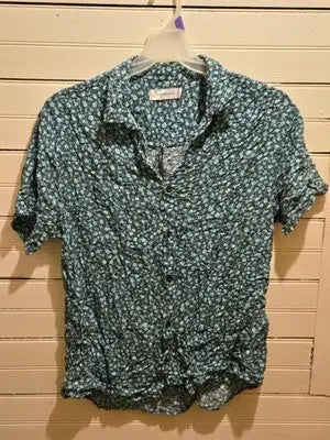Departwest Blouse Womens XL Teal Black Short Sleeve Button Front Top Lightweight - Apparel