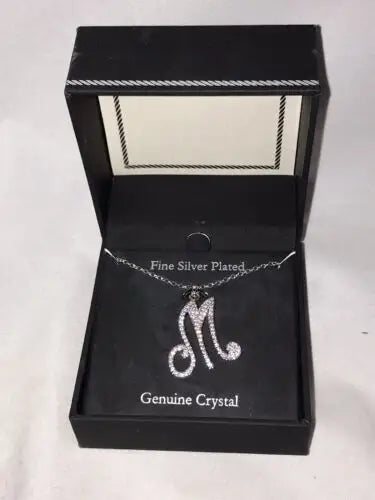 Silver-plated crystal Pave M Pendant Fine Silver Plated Genuine Crystal Necklace in box