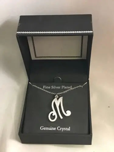 Silver letter M crystal necklace in black box, Pave M Pendant Fine Silver Plated