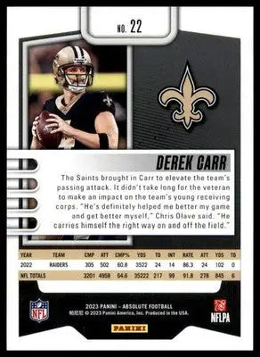 Derek Carr 2023 Panini Absolute Retail #22 New Orleans Saints - Football Card Single