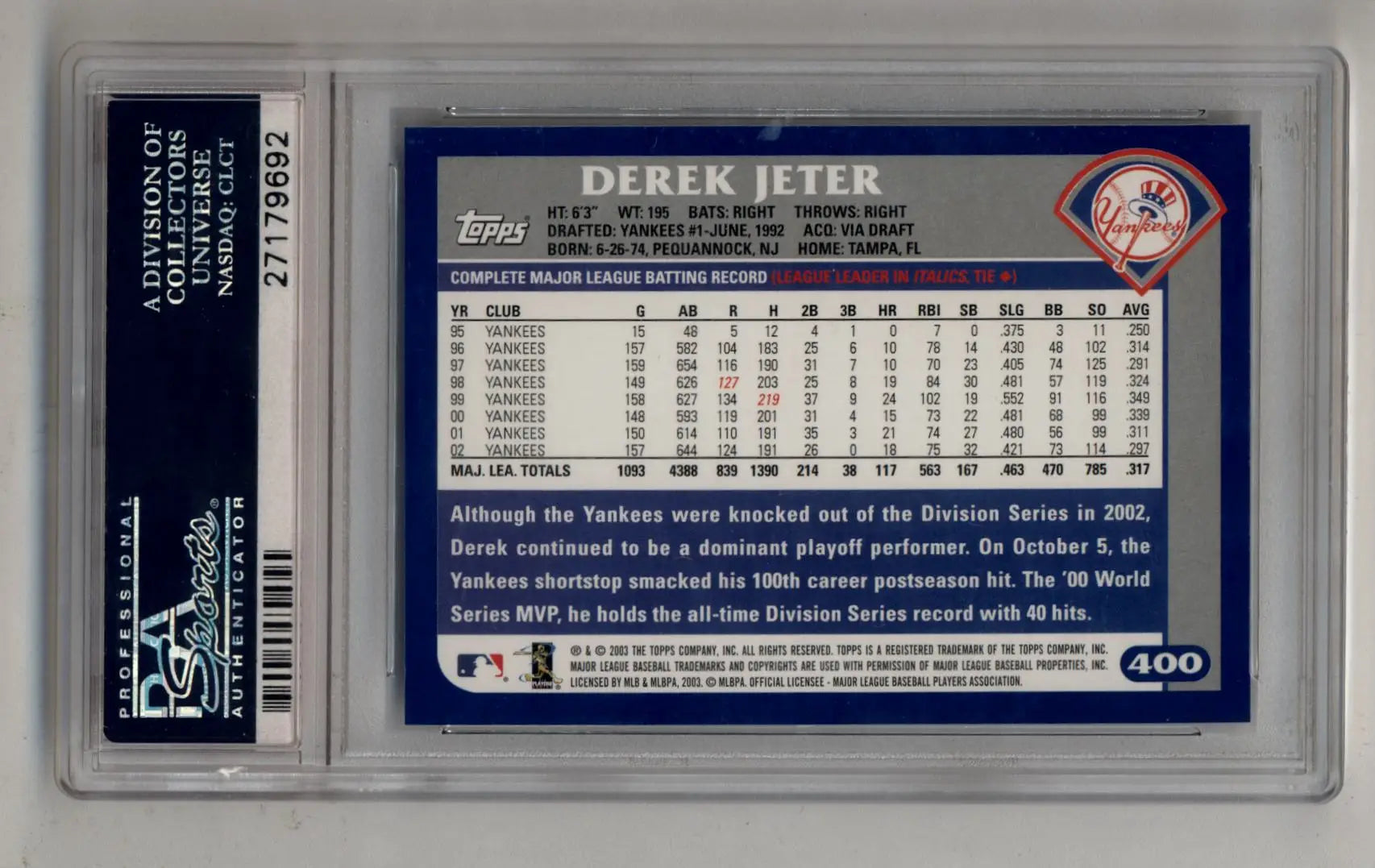 Graded Derek Jeter 2003 Topps #400 baseball card with red Topps logo PSA 10 Gem Mint