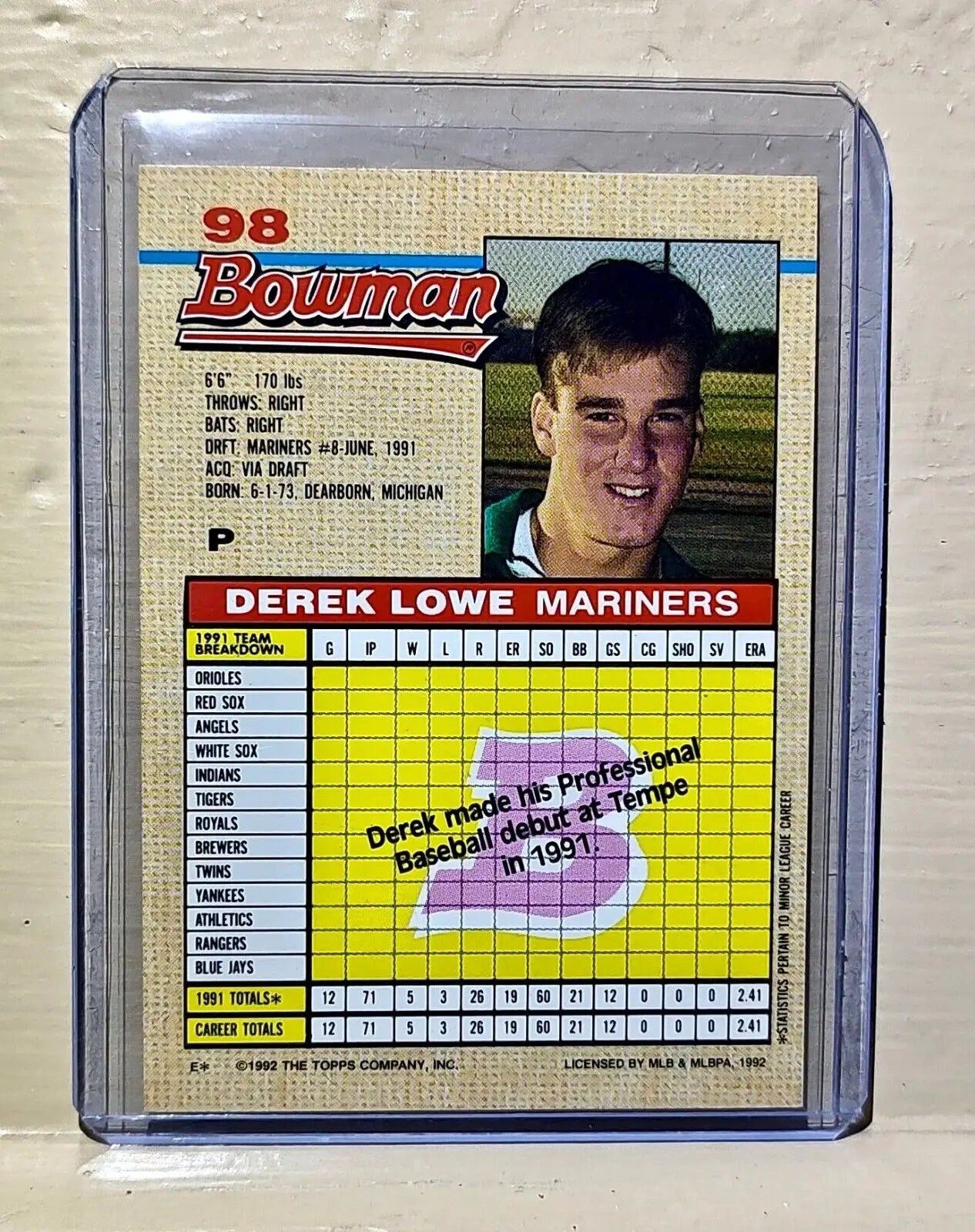 Derek Lowe 1992 Topps Bowman MLB #98 Baseball Card Seattle Mariners - Baseball Card Single