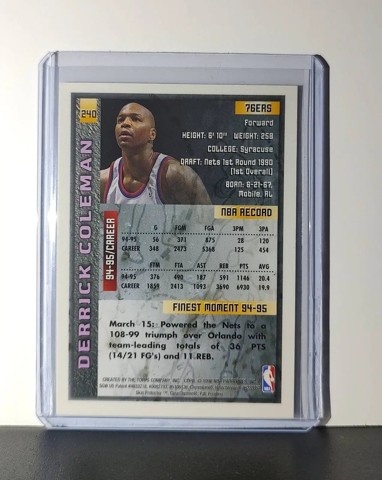 Derrick Coleman 1995-96 Topps Finest NBA #240 Card 76ers - Basketball Card Single