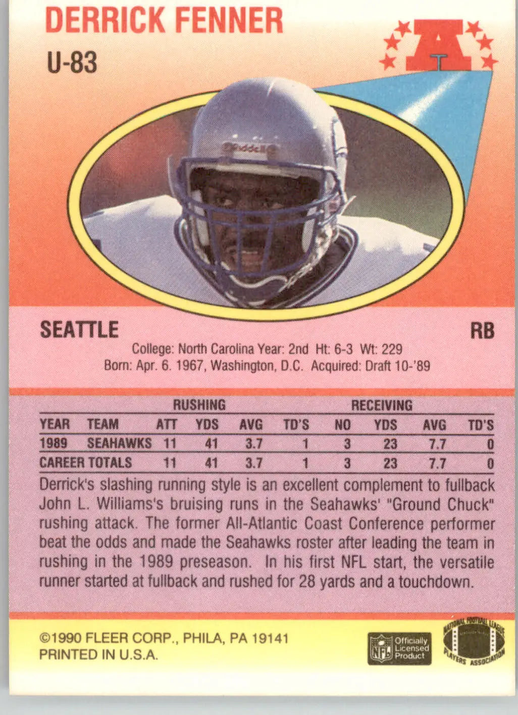 Derrick Fenner - 1990 Fleer Update - #U-83 - RC Football