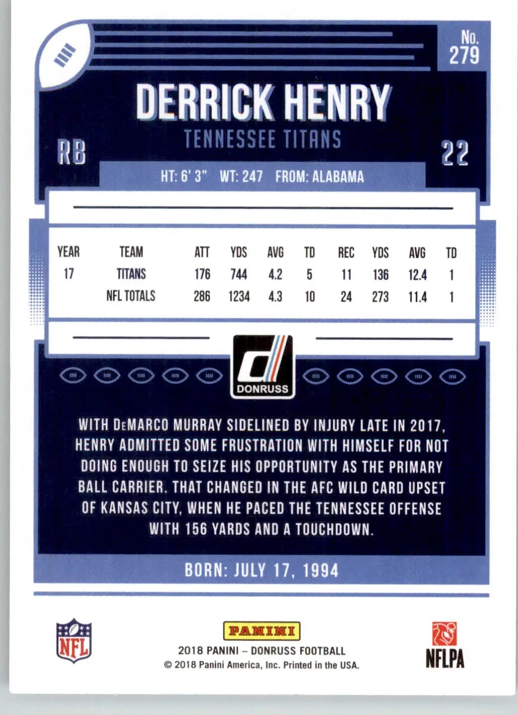 Derrick Henry - 2018 Donruss - #279 - Football - Football Card Single