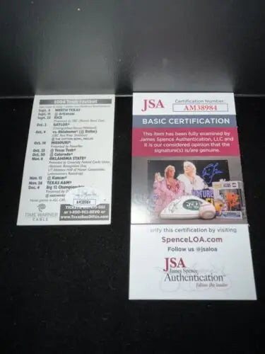 JSA authentication card for Derrick Johnson Auto Schedule Texas Longhorns Football