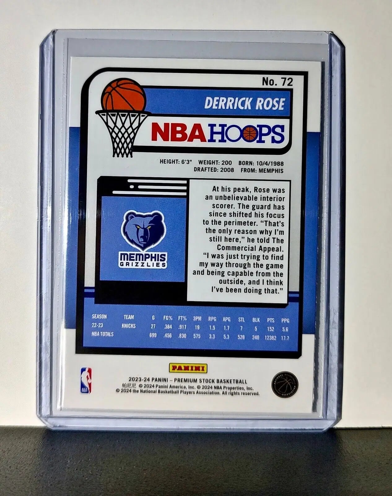 Derrick Rose 2023-24 Panini Premium Stock NBA Hoops #72 Card Memphis Grizzlies