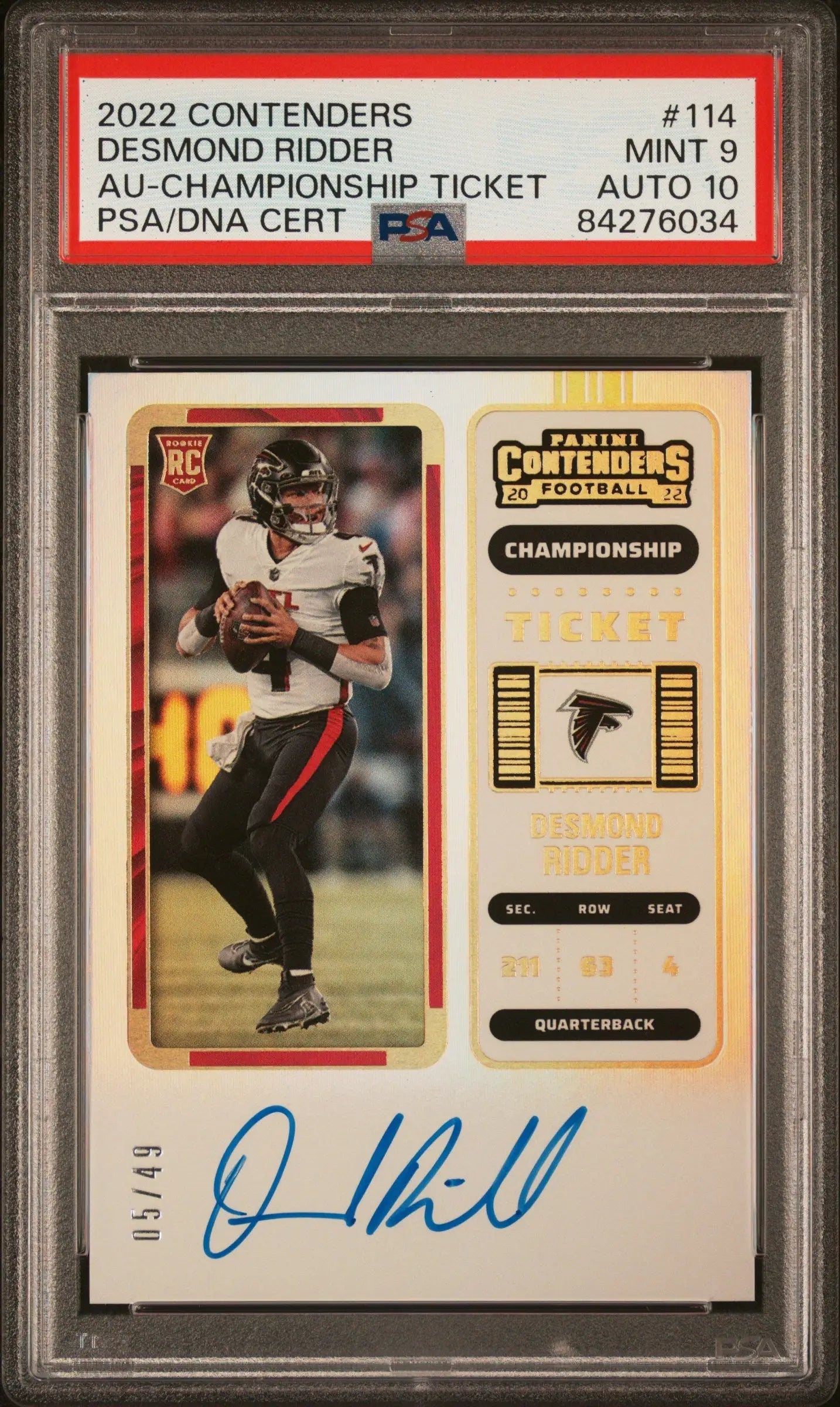 Desmond Ridder 2022 Contenders Championship Ticket Auto 5/49 PSA 9 Auto 10 - Football Card Single