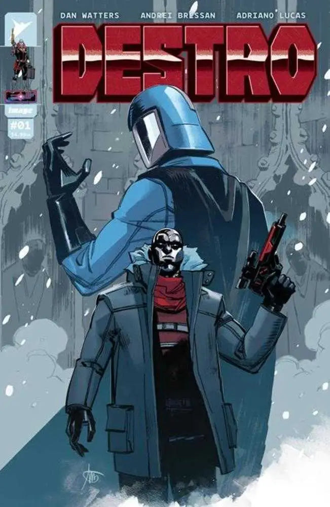 Robotic figure in coat holding weapon, featured on Destro #1 Andrea Milana Variant trading cards