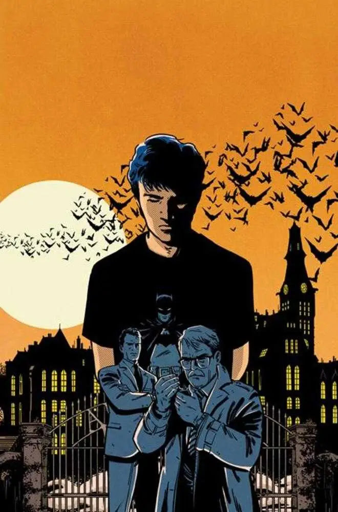 Comic book cover of Detective Comics showcasing a dark silhouette over Gotham City skyline